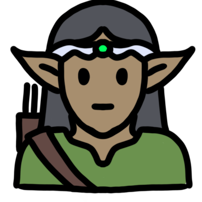 An elf with light, desaturated brown skin, straight grey hair, and a neutral expression, wearing a green tunic, brown leather archery quiver, and silver circlet with a green gem.